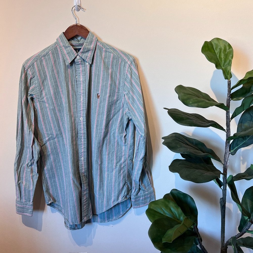 Ralph Lauren Men's Long Sleeve Striped Oxford Color Green/Salmom Size M